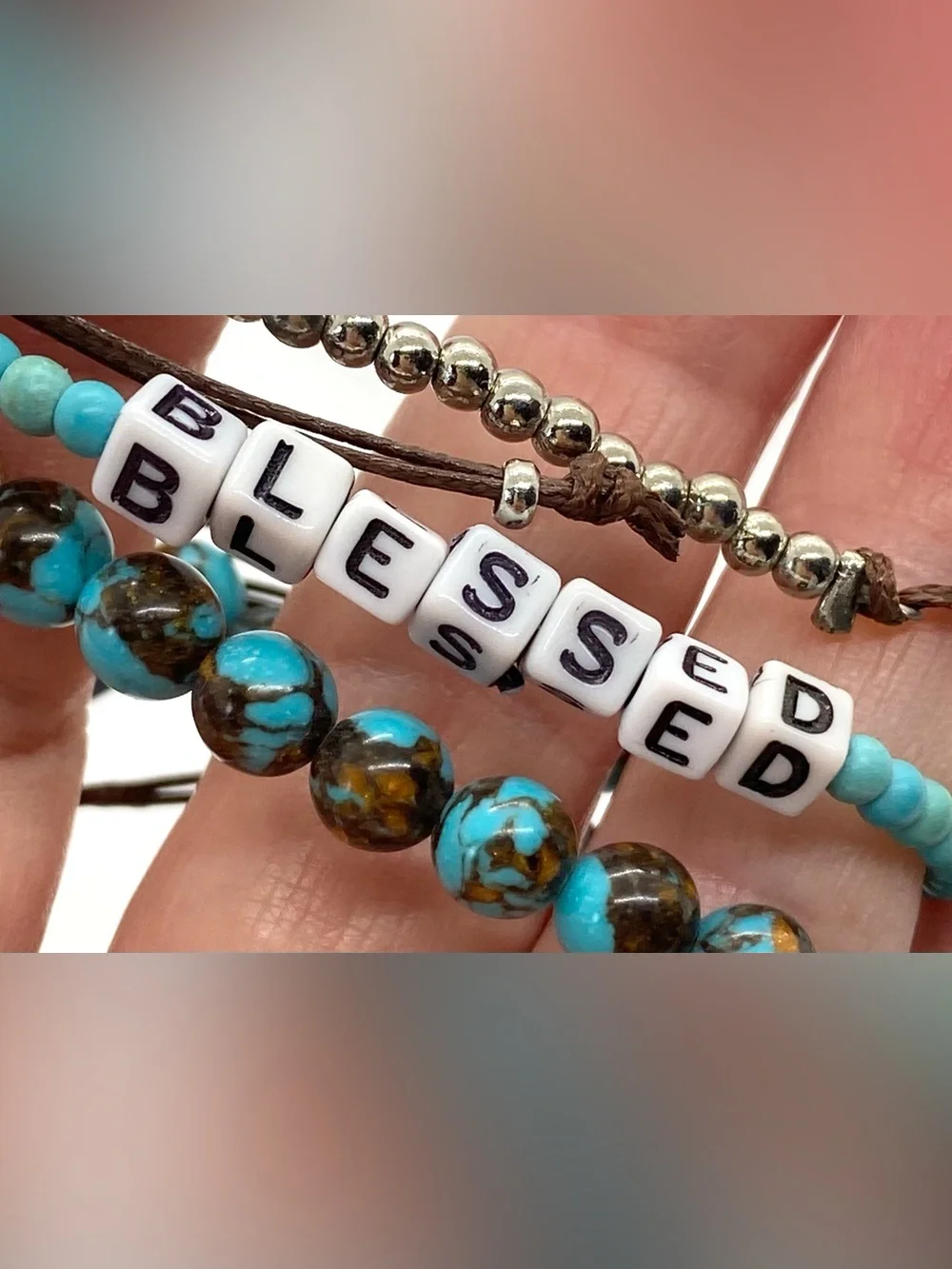 Hello Happy Turquoise Blue Brown Beaded Bracelet Boho Fall Festival Southwestern